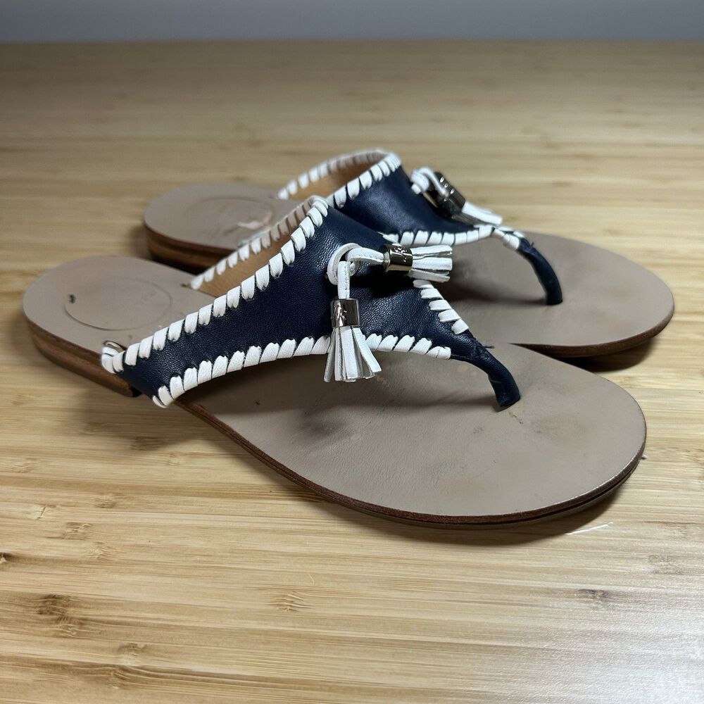 Jack Rogers Alana Thong Sandals Coastal Women 7 Navy White Tassels Flip Flops - Picture 3 of 9